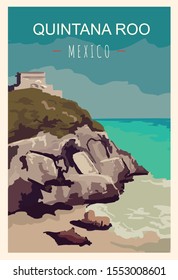 Quintana Roo retro poster. Quintana-Roo travel illustration. States of Mexico greeting card. 