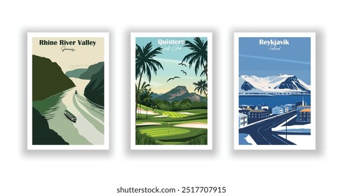 Quintero Golf Club, Reykjavik, Islândia, Rhine River Valley, Alemanha - Cartaz de viagem vintage. Ilustração vetorial