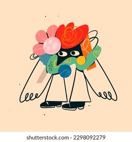 Quirky abstract Creature. Cute funny character with eyes, doodle shapes, hands, legs. Cartoon contemporary style. Isolated element, design template. Hand drawn modern Vector illustration