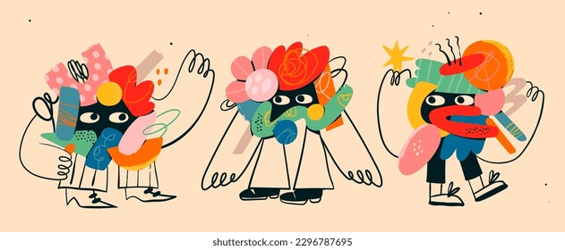 Quirky abstract Creatures. Cute funny characters with eyes, doodle shapes, hands, legs. Cartoon contemporary style. Isolated elements, design templates. Hand drawn modern Vector illustration