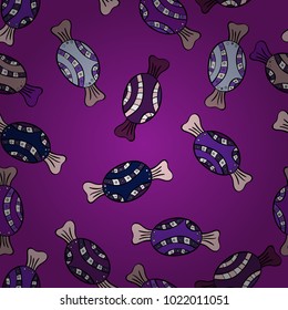 Quirky, abstract hand drawn seamless vector candy pattern. Colorful, retro hand illustrated Halloween treats on a purple, black and neutral background.