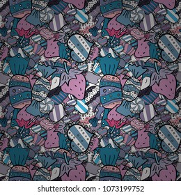 Quirky, abstract hand drawn seamless vector candy pattern. Colorful, retro hand illustrated Halloween treats on a blue, black and neutral background.