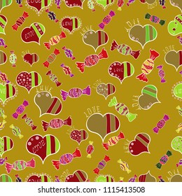 Quirky, abstract hand drawn seamless vector candy pattern. Colorful, retro hand illustrated Halloween treats on a yellow, red and neutral background.