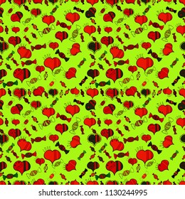 Quirky, abstract hand drawn seamless vector candy pattern. Colorful, retro hand illustrated Halloween treats on a green, red and black background.