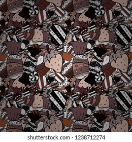 Quirky, abstract hand drawn seamless vector candy pattern. Colorful, retro hand illustrated Halloween treats on a white, black and brown background.