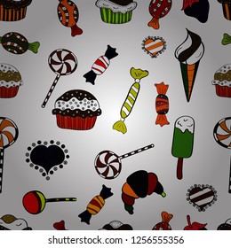 Quirky, abstract hand drawn seamless vector candy pattern. Colorful, retro hand illustrated Halloween treats on a white, black and red background.