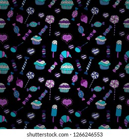 Quirky, abstract hand drawn seamless vector candy pattern. Colorful, retro hand illustrated Halloween treats on a violet, black and blue background.