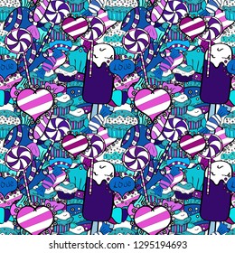 Quirky, abstract hand drawn seamless vector candy pattern. Colorful, retro hand illustrated Halloween treats on a white, blue and violet background.