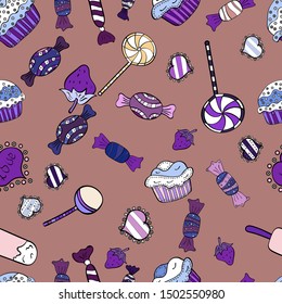 Quirky, abstract hand drawn seamless vector candy pattern. Colorful, retro hand illustrated Halloween treats on a black, neutral and violet background.
