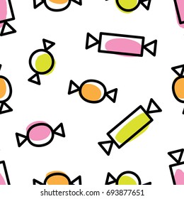 Quirky, abstract hand drawn seamless vector candy pattern.  Colorful, retro hand illustrated Halloween treats on a white background.