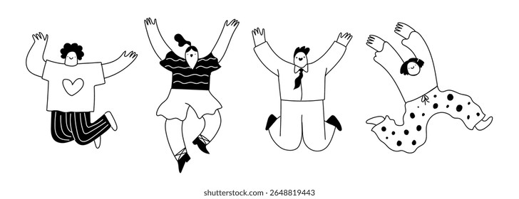 Quirky abstract people in hand drawn line art style. Set of doodle man, woman expressing positive emotions, happiness. Cute vector illustration