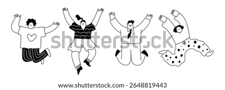 Quirky abstract people in hand drawn line art style. Set of doodle man, woman expressing positive emotions, happiness. Cute vector illustration