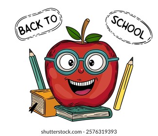 Quirky Apple with Glasses and Books for a Fun and Innovative Educational Exploration Theme Vector illustration
