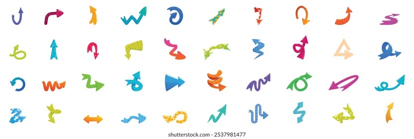 Quirky arrow icons set. Set of colorful arrows pointing up, down, left, right, and diagonally, indicating various directions and movements