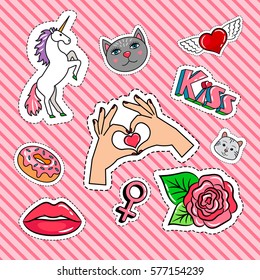 Quirky badges set with cat, unicorn and rose on pink background. Vector stickers or patches collection