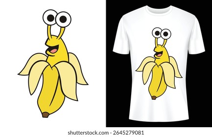 Quirky banana cartoon with big eyes ready for t-shirt designs, apparel prints, and fun illustrations. Perfect for kids and adults.