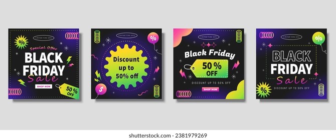 Quirky Black Friday sale template set with abstract shapes on black blue gradient background