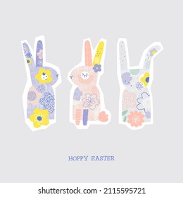 Quirky bloomy flourish bunny vector illustration. Happy Easter phrase. Cute rabbits Whimsical Easter postcard design with wordplay.