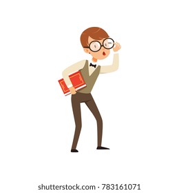 Quirky Boy Character Holding Book In Hand. Nerd Kid With Surprised Face Expression. Smart Pupil Character Dressed In Vest, Shirt And Pants. Flat Vector Design