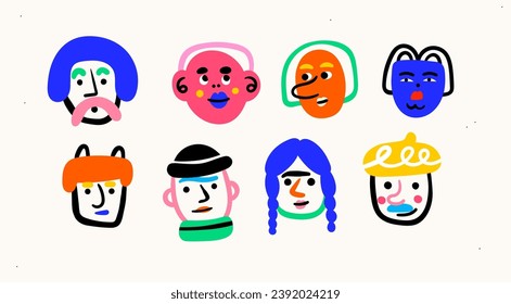 Quirky bright portraits. Diverse people. Cute funny characters. Trendy modern art. Cartoon, minimal, abstract contemporary style. Avatar, icon, logo templates. Hand drawn Vector isolated illustrations