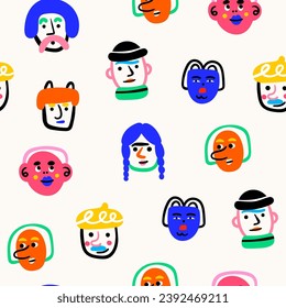 Quirky bright portraits. Diverse people. Cute funny characters. Trendy modern art. Cartoon, minimal, abstract contemporary style. Hand drawn Vector illustration. Square seamless Pattern, wallpaper