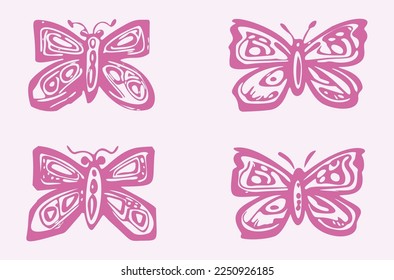 Quirky butterfly vector icon set. Whimsical naive bug motif.