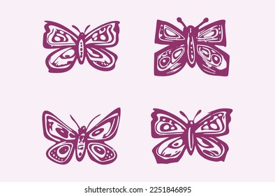 Quirky butterfly vector icon set. Whimsical naive bug motif.