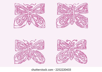 Quirky butterfly vector icon set. Whimsical naive bug motif.