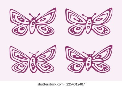Juego de iconos de vectores de mariposa rápida. Un caprichoso motivo de bicho ingenuo.