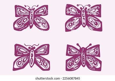 Quirky butterfly vector icon set. Whimsical naive bug motif.