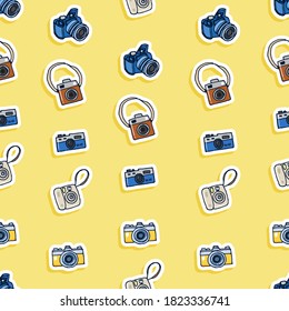 Quirky Camera Doodle Pattern: Elevate your designs with this seamless pattern featuring thin white outline cameras on a vibrant yellow background. Perfect for adding a touch of whimsy to your creative