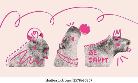 A quirky capybara halftone photocopy illustration with vibrant pink doodles, perfect for playful designs and campaigns