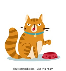 A quirky cartoon cat looking quite annoyed while sitting next to its food bowl, perfect for various petthemed projects