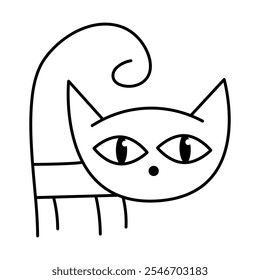 Peculiar Ilustración vectorial de contorno de gato de dibujos animados. Este minimalista dibujo de Vector en blanco y negro retrata a un gato estilizado y estrafalario. 