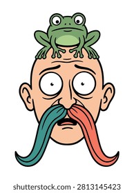 A quirky cartoon character design featuring a bald man with a surprised expression and a colorful mustache, topped by a green frog