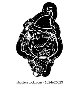 quirky cartoon distressed icon of a astronaut woman explaining wearing santa hat