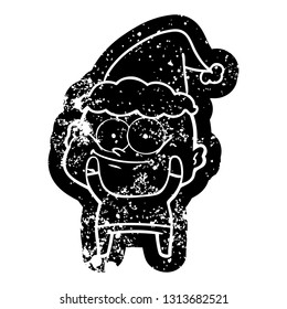 quirky cartoon distressed icon of a bald man staring wearing santa hat