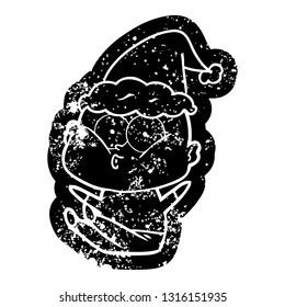 quirky cartoon distressed icon of a bald man staring wearing santa hat