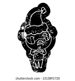 quirky cartoon distressed icon of a bearded man crying wearing santa hat