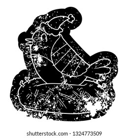 quirky cartoon distressed icon of a bird sitting on nest wearing santa hat