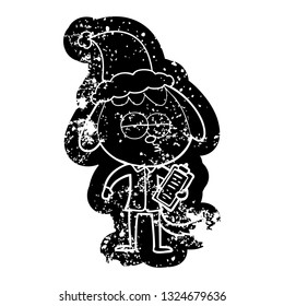 quirky cartoon distressed icon of a bored dog in office clothes wearing santa hat