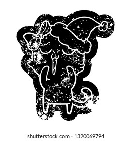 quirky cartoon distressed icon of a cat wearing santa hat