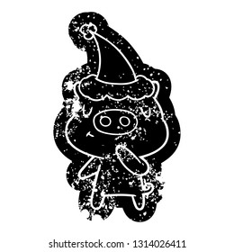 quirky cartoon distressed icon of a content pig wearing santa hat