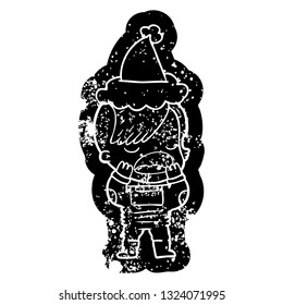 quirky cartoon distressed icon of a cool hipster girl in space suit wearing santa hat