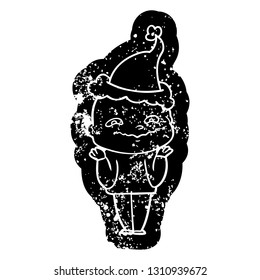 quirky cartoon distressed icon of a creepy guy wearing santa hat