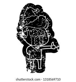 quirky cartoon distressed icon of a crying man wearing santa hat