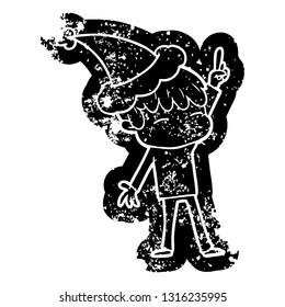 quirky cartoon distressed icon of a curious boy wearing santa hat