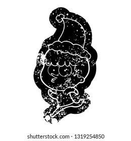 quirky cartoon distressed icon of a curious boy running wearing santa hat