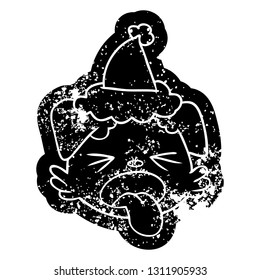 quirky cartoon distressed icon of a dog face wearing santa hat