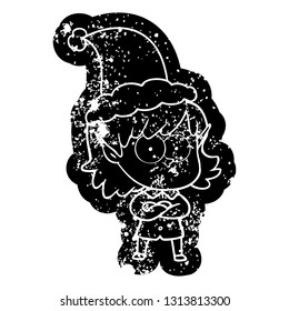 quirky cartoon distressed icon of a elf girl staring wearing santa hat